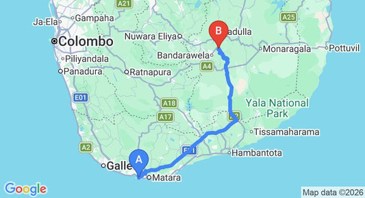 Driving route map: Mirissa to Ella (173 km, approx 3 h 9 min private transfer)