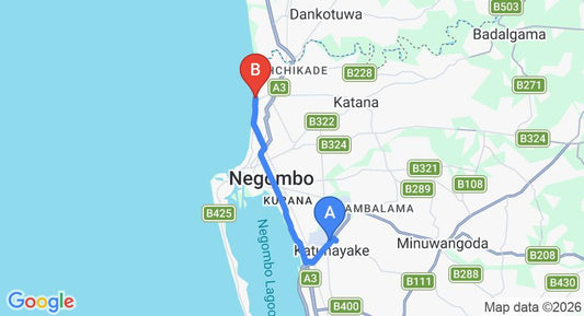 Driving route map: Colombo Airport (CMB) to Beacon Beach hotel, Negombo (14 km, approx 34 min private transfer)