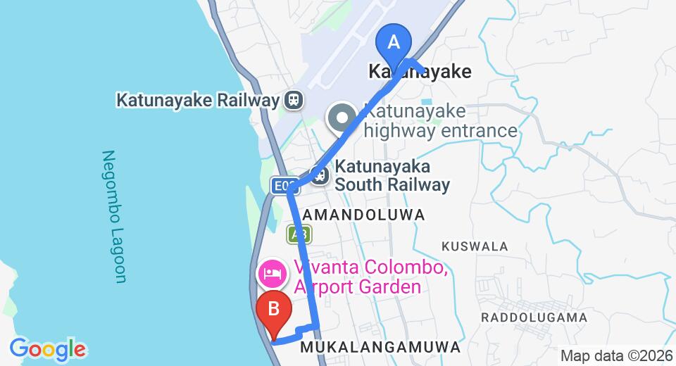 Driving route map: Colombo Airport (CMB) to Onreech Hotel, Negombo (6 km, approx 14 min private transfer)