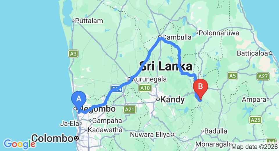 Driving route map: Colombo Airport (CMB) to Wewdiya Holiday Home, Mahiyanganaya (230 km, approx 4 h 49 min private transfer)