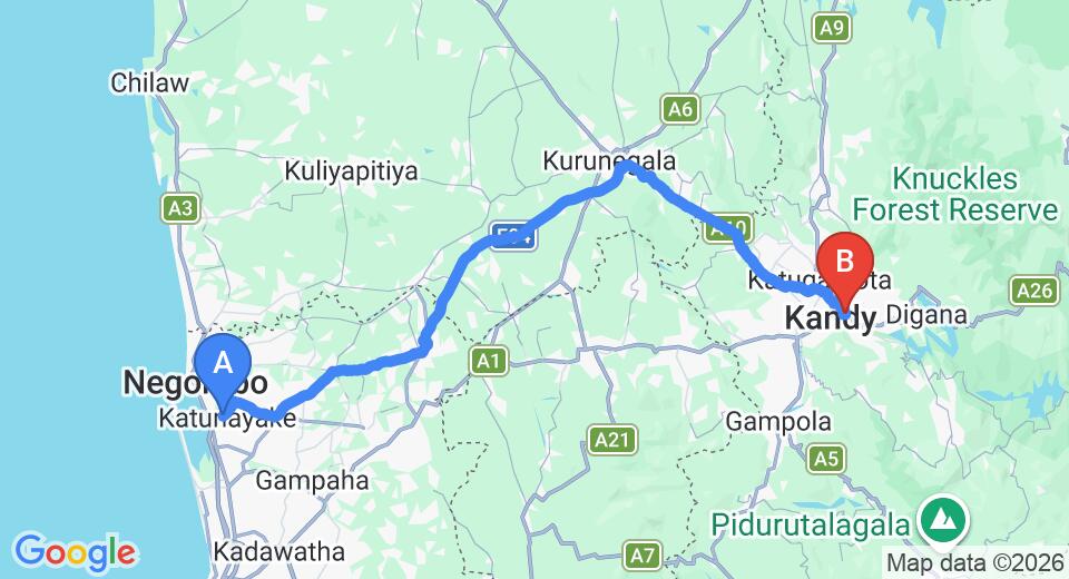 Driving route map: Colombo Airport (CMB) to Hotel Neits, Kandy (115 km, approx 2 h 51 min private transfer)