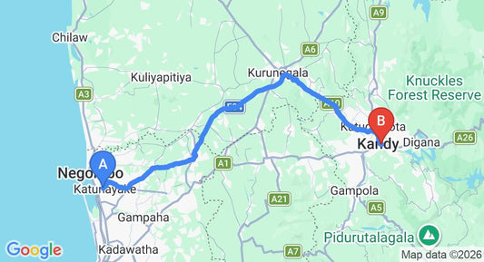 Driving route map: Colombo Airport (CMB) to OZO, Kandy (115 km, approx 2 h 53 min private transfer)