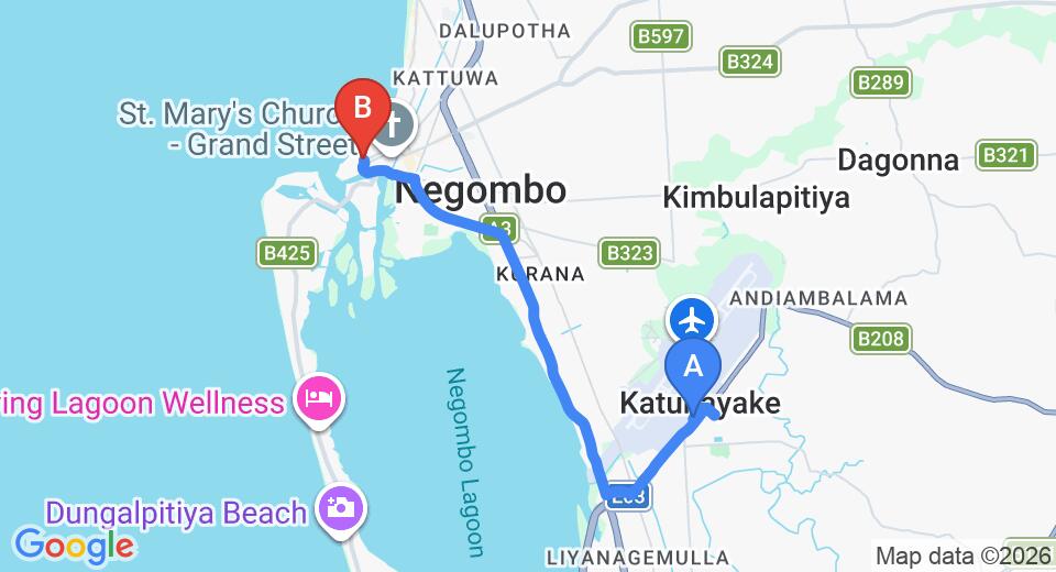Driving route map: Colombo Airport (CMB) to Miura Dutch Edge Hotel, Negombo (11 km, approx 25 min private transfer)