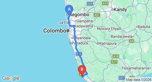 Driving route map: Colombo Airport (CMB) to Sun Beach Hotel, Hikkaduwa (144 km, approx 2 h 9 min private transfer)