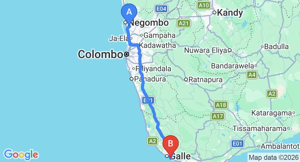 Driving route map: Colombo Airport (CMB) to Nooit Gedacht Ayurveda Health Resort, Unawatuna (152 km, approx 2 h 6 min private transfer)