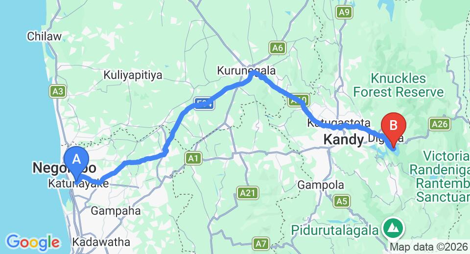 Driving route map: Colombo Airport (CMB) to Eagle Lodge at Victoria Golf and Country Resort, Kandy (131 km, approx 3 h 23 min private transfer)