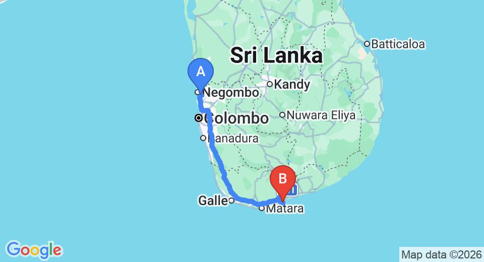 Driving route map: Colombo Airport (CMB) to Amanwella, Tangalle (212 km, approx 2 h 55 min private transfer)