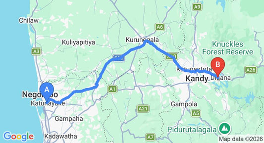Driving route map: Colombo Airport (CMB) to Digana Holiday Bungalow, Kandy (125 km, approx 3 h 12 min private transfer)