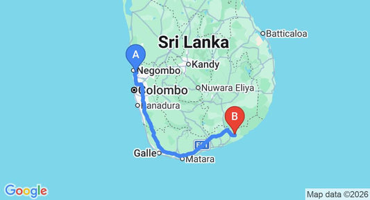 Driving route map: Colombo Airport (CMB) to Lake Wind Resort, Tissamaharama (280 km, approx 3 h 44 min private transfer)