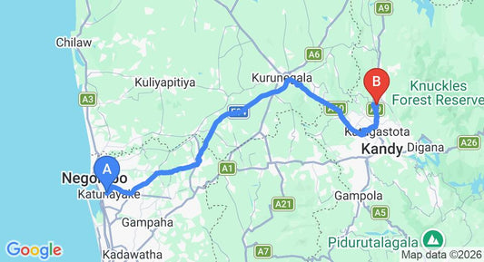 Driving route map: Colombo Airport (CMB) to Aarunya Nature Resort and Spa, Kandy (121 km, approx 3 h 5 min private transfer)