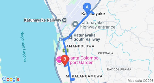 Driving route map: Colombo Airport (CMB) to The Airport Villa, Katunayake (7 km, approx 16 min private transfer)