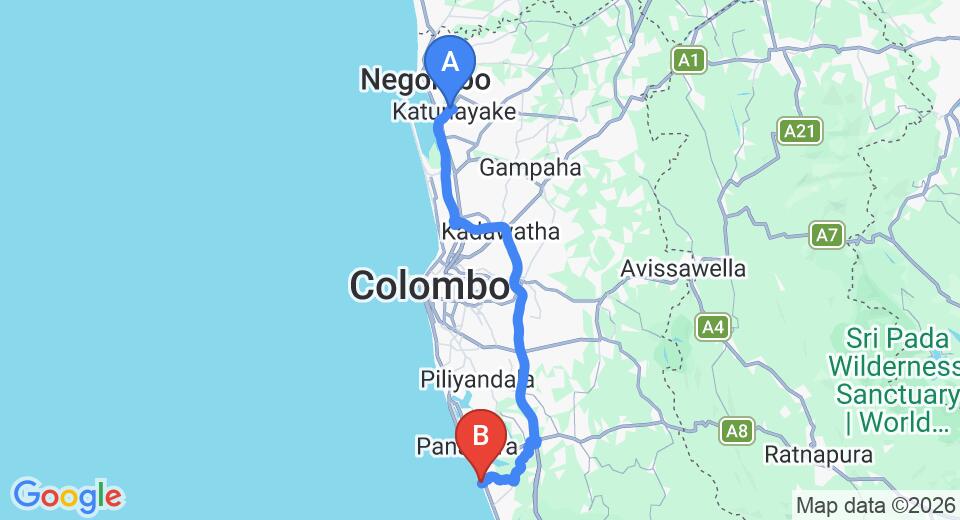 Driving route map: Colombo Airport (CMB) to Maresia Beach Villa, Wadduwa (79 km, approx 1 h 24 min private transfer)