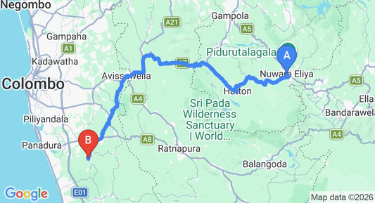 Driving route map: Nuwara Eliya to Yala (153 km, approx 4 h 39 min private transfer)