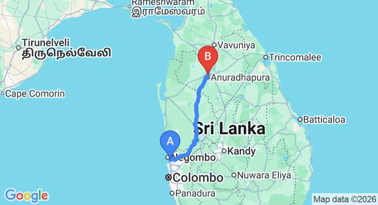 Driving route map: Colombo Airport (CMB) to National Holiday Resort - Anuradhapura, Anuradhapura (175 km, approx 3 h 46 min private transfer)