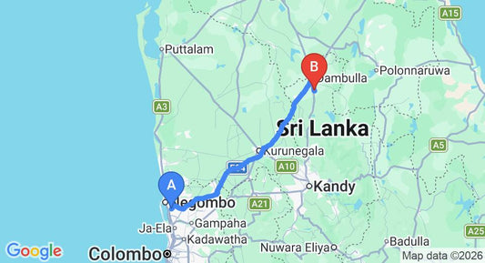Driving route map: Colombo Airport (CMB) to Elephant Stables, Dambulla (135 km, approx 2 h 57 min private transfer)