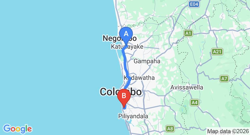 Driving route map: Colombo Airport (CMB) to Mansion Square, Dehiwala (41 km, approx 1 h 6 min private transfer)