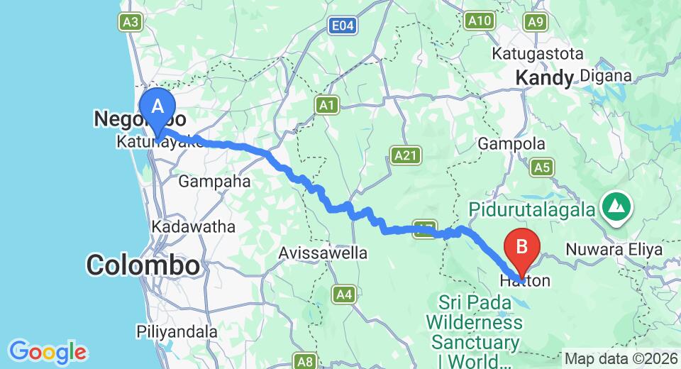 Driving route map: Colombo Airport (CMB) to Grand Peak Tea Garden Hotel, Hatton (115 km, approx 3 h 32 min private transfer)