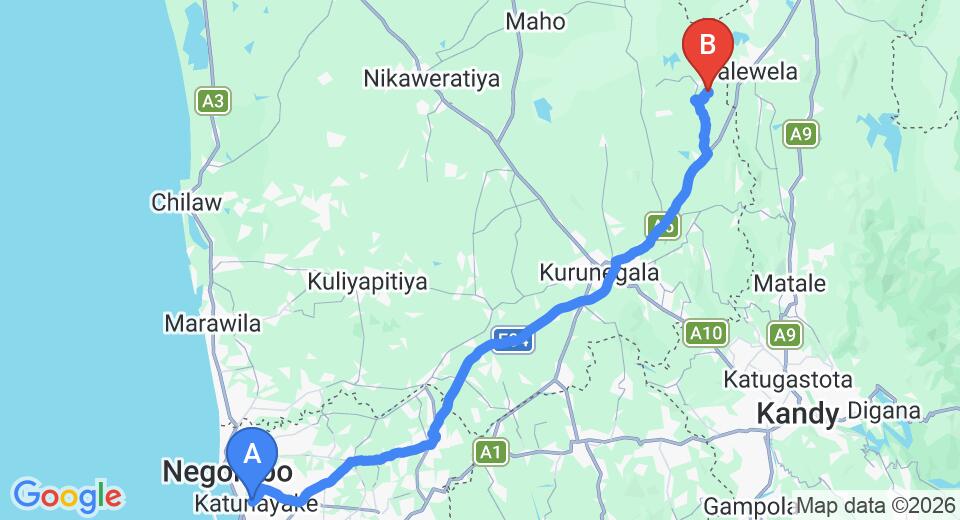 Driving route map: Colombo Airport (CMB) to Brook Boutique Hotel, Melsiripura (110 km, approx 2 h 28 min private transfer)