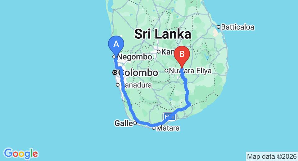 Driving route map: Colombo Airport (CMB) to Bonnieland Bungalow, Badulla (355 km, approx 5 h 35 min private transfer)