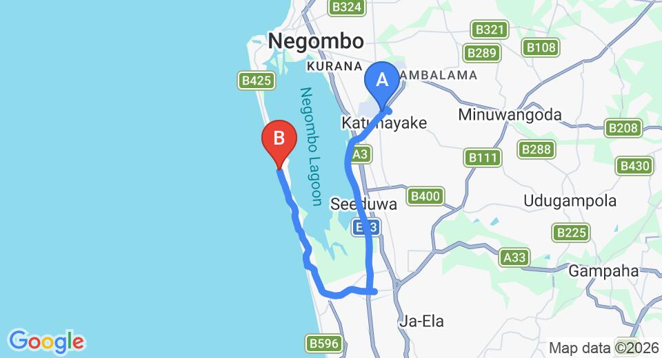 Driving route map: Colombo Airport (CMB) to Beach House, Negombo (22 km, approx 34 min private transfer)