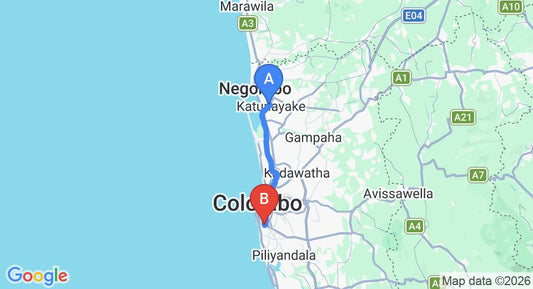 Driving route map: Colombo Airport (CMB) to D Pavilion Boutique Hotel, Colombo (37 km, approx 53 min private transfer)