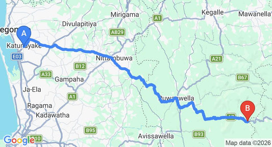Driving route map: Colombo Airport (CMB) to Borderlands Adveture Eco Lodge, Kitulgala (84 km, approx 2 h 29 min private transfer)