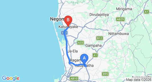 Driving route map: Kadawatha to Colombo Airport (CMB) (29 km, approx 28 min private transfer)