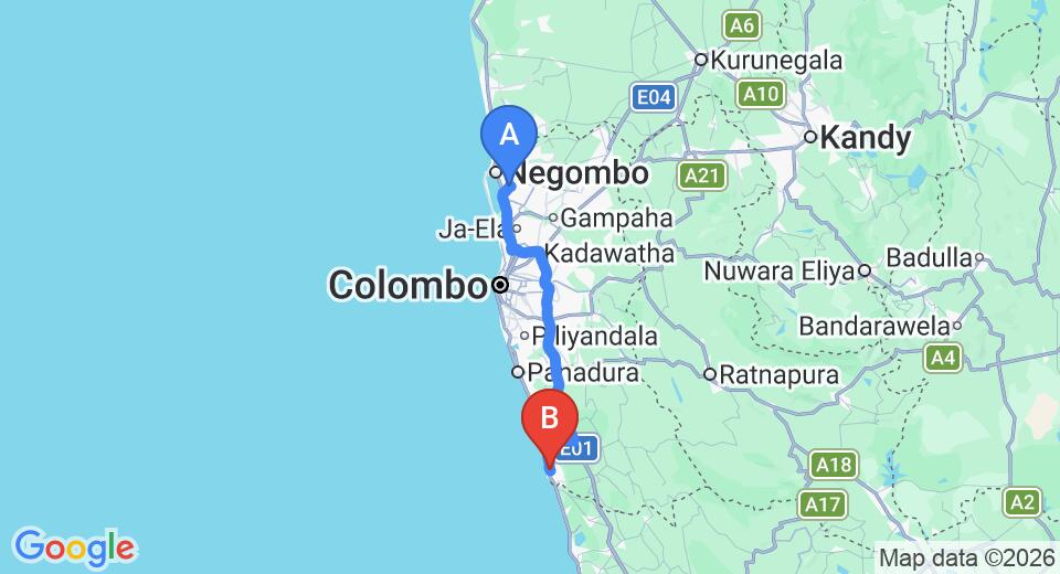 Driving route map: Colombo Airport (CMB) to Belfry Guesthouse, Beruwala (100 km, approx 1 h 43 min private transfer)