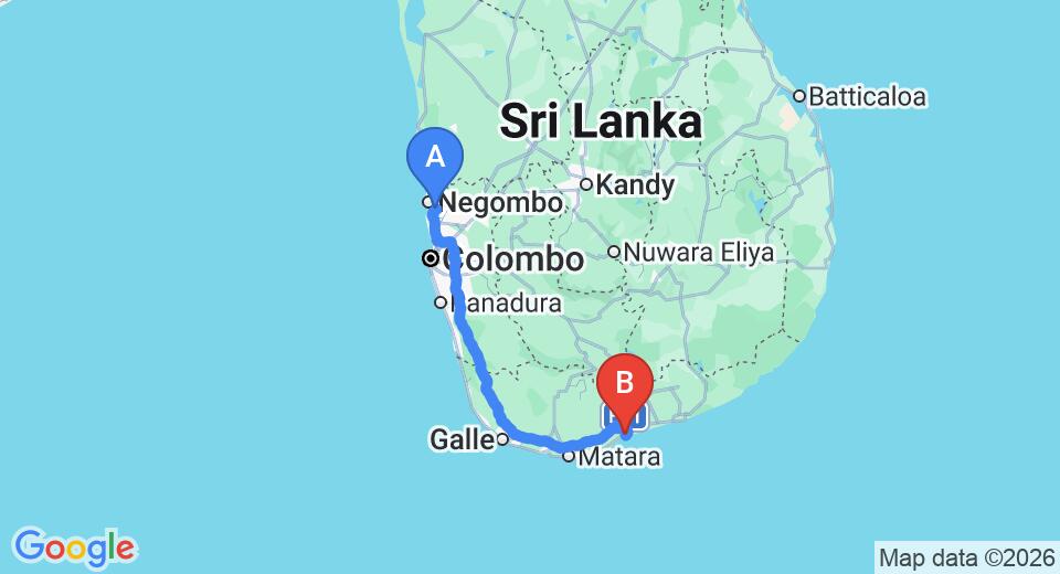 Driving route map: Colombo Airport (CMB) to Puranagama Eco Lodge, Tangalle (220 km, approx 2 h 57 min private transfer)