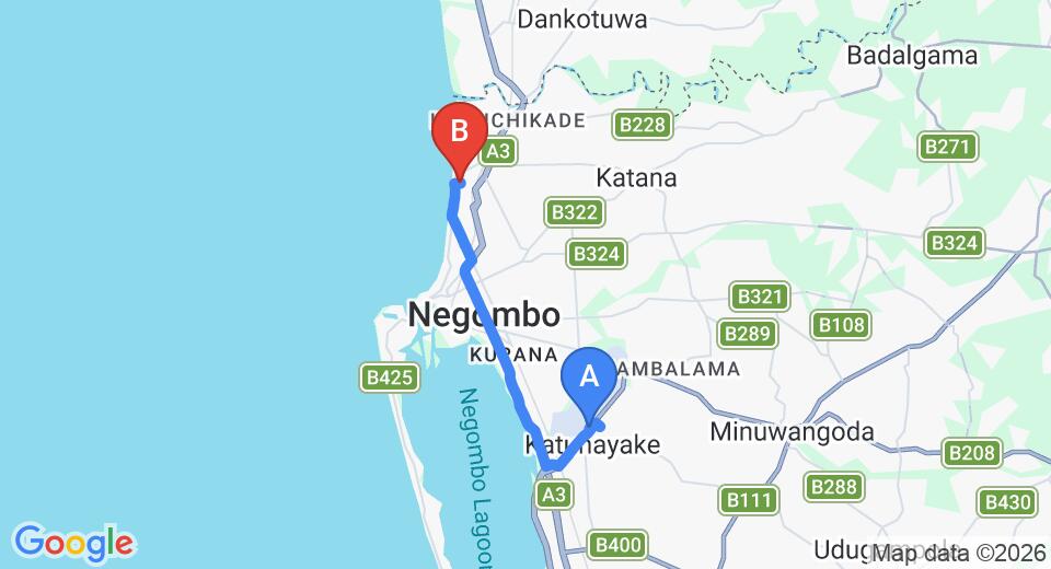Driving route map: Colombo Airport (CMB) to The Villa 7, Negombo (14 km, approx 34 min private transfer)