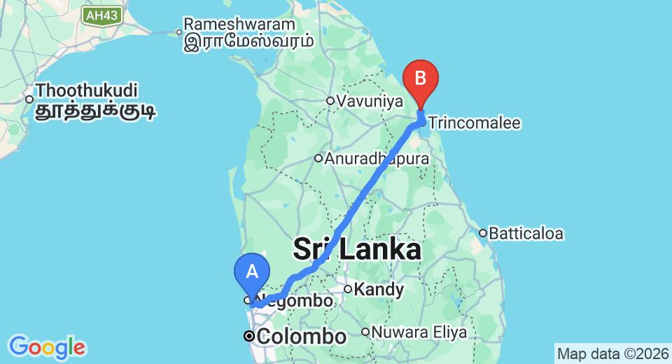 Driving route map: Colombo Airport (CMB) to NN Beach Hotel, Nilaveli (246 km, approx 5 h 3 min private transfer)