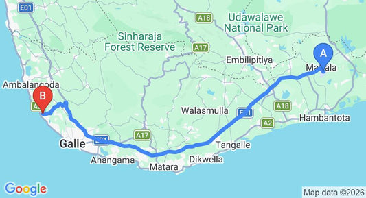Driving route map: Mattala (HRI) Airport to Hikkaduwa (139 km, approx 1 h 52 min private transfer)