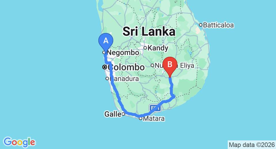 Driving route map: Colombo Airport (CMB) to Little Rose Inn, Wellawaya (307 km, approx 4 h 11 min private transfer)