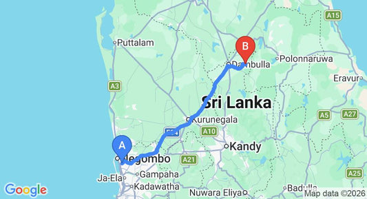 Driving route map: Colombo Airport (CMB) to Jetwing Safari Camp, Yala (146 km, approx 3 h 14 min private transfer)