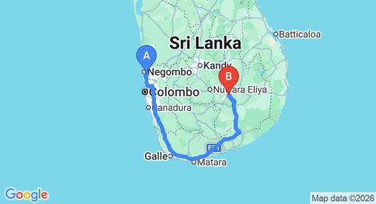 Driving route map: Colombo Airport (CMB) to Eco Point Ella, Ella (339 km, approx 5 h 5 min private transfer)