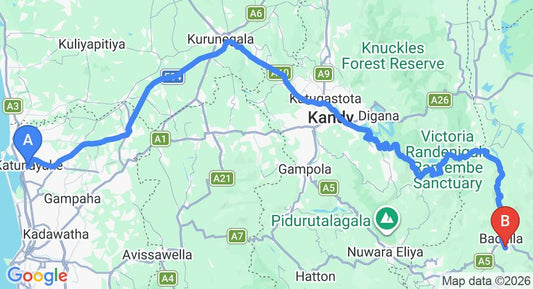 Driving route map: Colombo Airport (CMB) to The Nestline Holiday Resort, Badulla (229 km, approx 5 h 51 min private transfer)