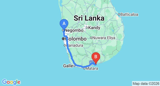 Driving route map: Colombo Airport (CMB) to Villa Tanderra, Tangalle (229 km, approx 3 h 8 min private transfer)