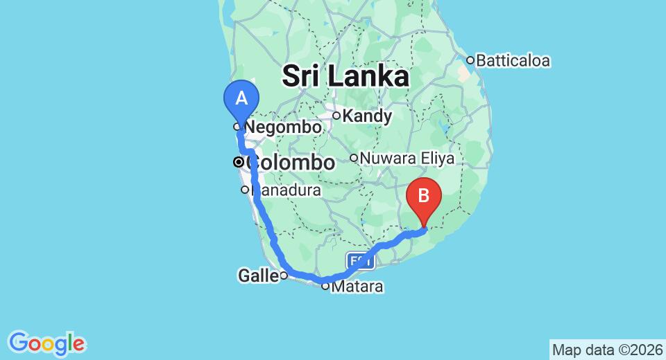 Driving route map: Colombo Airport (CMB) to Mandara Rosen, Kataragama (283 km, approx 3 h 44 min private transfer)