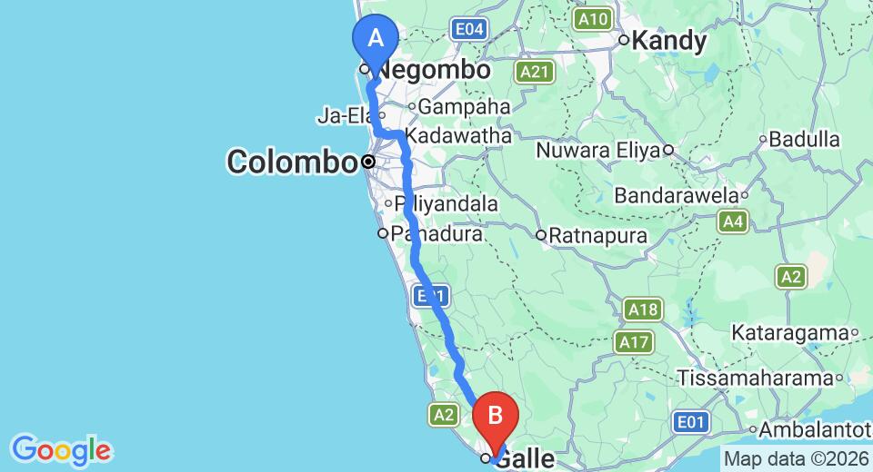 Driving route map: Colombo Airport (CMB) to Shamaz, Galle (151 km, approx 2 h 5 min private transfer)