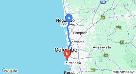 Driving route map: Colombo Airport (CMB) to Sai Abodes Home Stay, Mount Lavinia (43 km, approx 1 h 10 min private transfer)