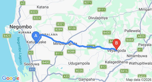 Driving route map: Colombo Airport (CMB) to Veyangoda (22 km, approx 44 min private transfer)