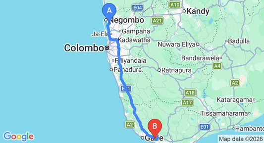 Driving route map: Colombo Airport (CMB) to Kahanda Kanda, Galle (162 km, approx 2 h 13 min private transfer)