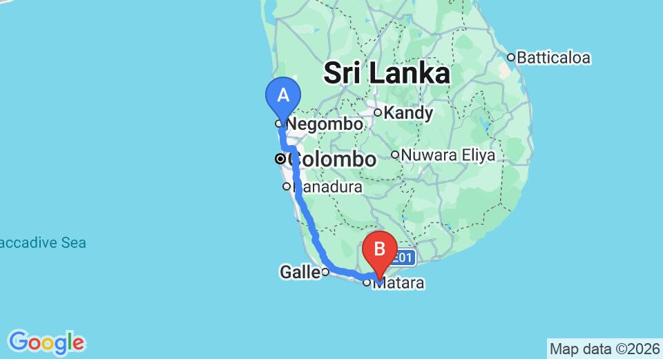 Driving route map: Colombo Airport (CMB) to Villa Nicomar, Kottegoda (198 km, approx 2 h 47 min private transfer)