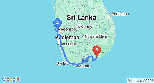 Driving route map: Colombo Airport (CMB) to Weerawila (281 km, approx 3 h 39 min private transfer)