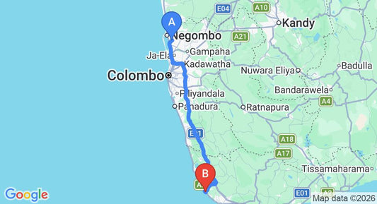 Driving route map: Colombo Airport (CMB) to Coco Mari Beach Villa, Hikkaduwa (144 km, approx 2 h 9 min private transfer)