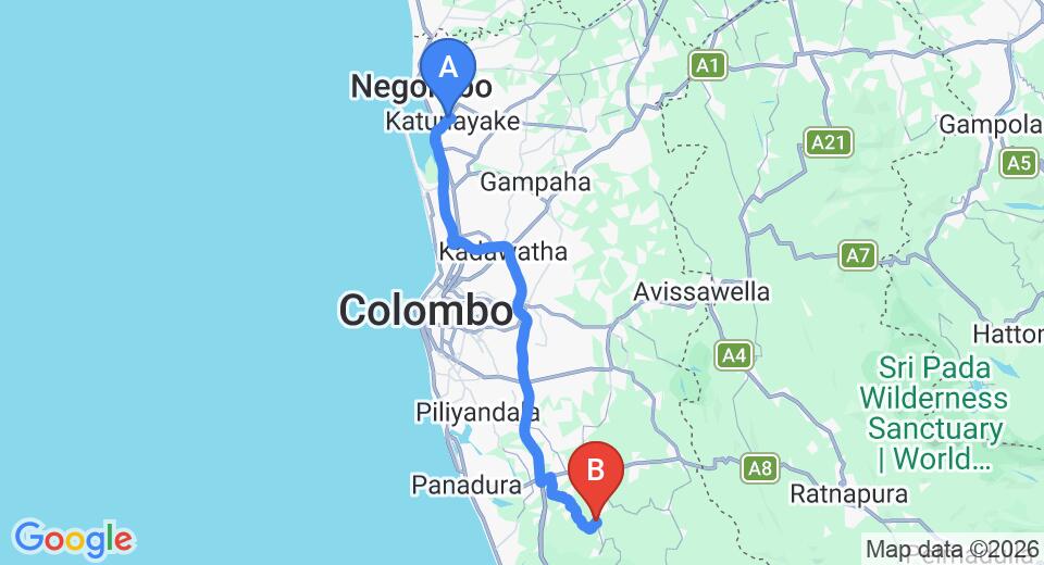 Driving route map: Colombo Airport (CMB) to Wanniarachchi Holiday Resort, Yala (77 km, approx 1 h 23 min private transfer)