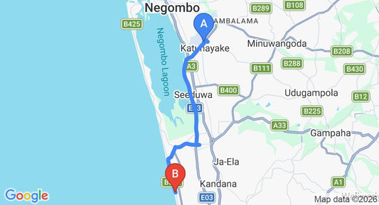 Driving route map: Colombo Airport (CMB) to Uswetakeiyawa (19 km, approx 29 min private transfer)