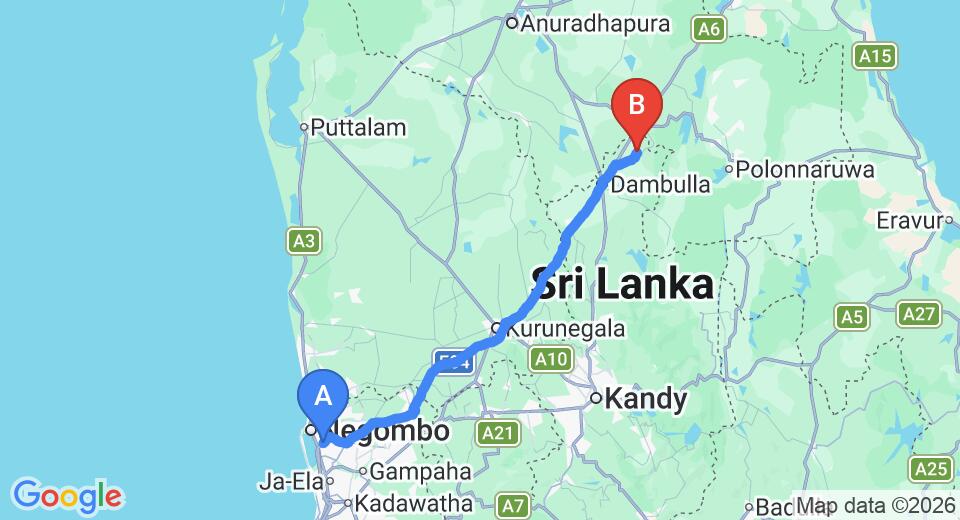 Driving route map: Colombo Airport (CMB) to Ehalagala Lake Resort, Sigiriya, Sigiriya (145 km, approx 3 h 11 min private transfer)