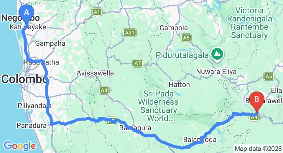 Driving route map: Colombo Airport (CMB) to Holiday Bungalow Haputale, Haputale (208 km, approx 4 h 59 min private transfer)