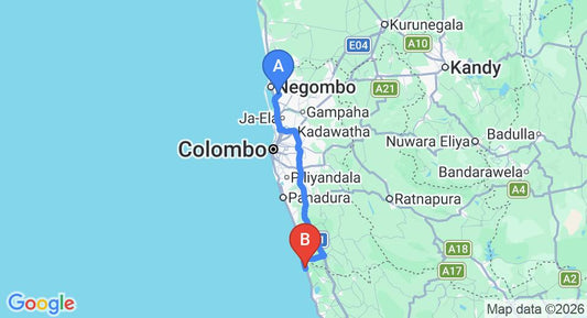Driving route map: Colombo Airport (CMB) to Saman Villas, Bentota (111 km, approx 1 h 46 min private transfer)